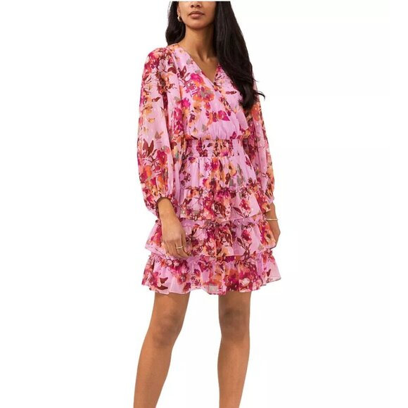 MSK Dresses & Skirts - MSK Pink Floral Smocked Waist Tiered Mini Dress, Size Medium
